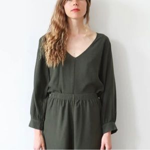 Me and Arrow Dark Green V-neck Blouse